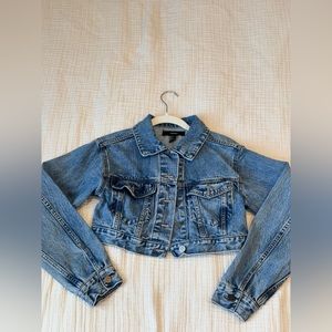 Forever 21  jean jacket with red no thank you print on the back in size small